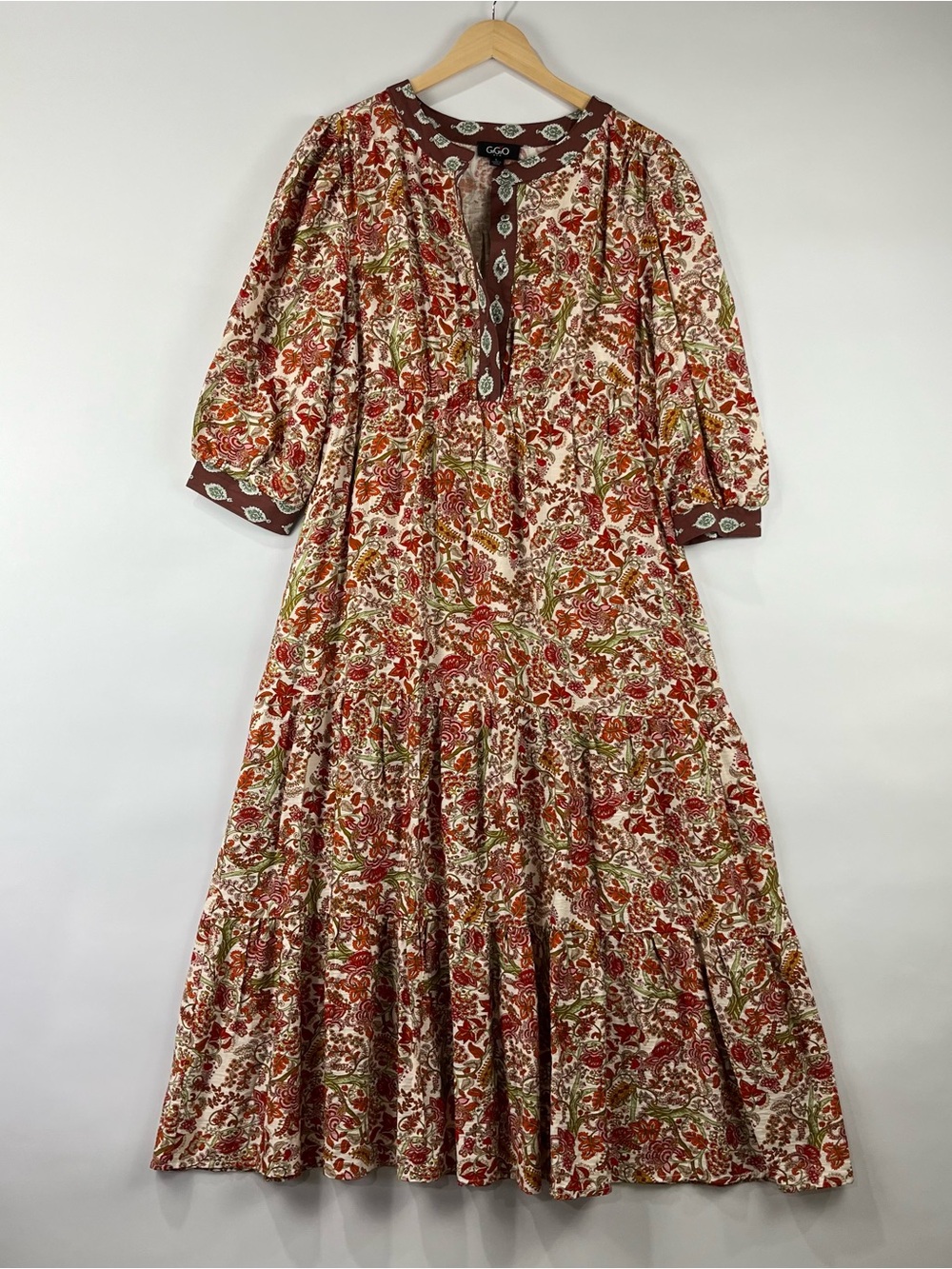 GiGiO Boho Paisley Floral Tiered Dress Puff Sleeve Pockets L - Picture 2 of 12